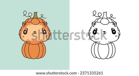 Cartoon Halloween Guinea Pig Clipart for Coloring Page and Illustration. Happy Clip Art Halloween Rodent. Cute Vector Illustration of a Kawaii Halloween Animal Inside a Pumpkin. 