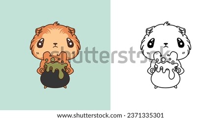 Cute Halloween Guinea Pig Illustration and For Coloring Page. Cartoon Clip Art Halloween Rodent. Cute Vector Illustration of a Kawaii Animal for Halloween Stickers. 