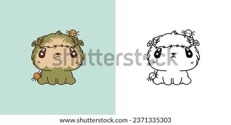 Cute Halloween Guinea Pig Clipart Illustration and Black and White. Kawaii Clip Art Halloween Rodent. Cute Vector Illustration of a Kawaii Halloween Animal in a Zombie Costume. 