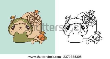 Set Halloween Guinea Pig Multicolored and Black and White. Kawaii Clip Art Halloween Rodent. Cute Vector Illustration of a Kawaii Halloween Animal in a Zombie Costume. 