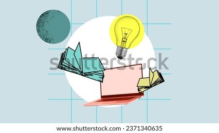 Collage with Paper books falling down into laptop symbolizing popularity of online information search. Contemporary art. Concept of education, online studying, knowledge development, information Royalty-Free Stock Photo #2371340635