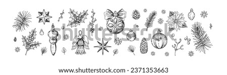 Set of Merry Christmas snd Happy New Year decoration. Christmas tree branches, mistletoe, poinsettia flower, balls, angel figure, stars in sketch style. Design for greeting cards, certificates