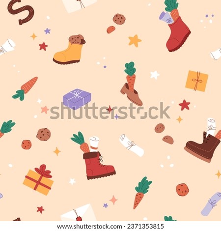 Sinterklaas seamless pattern with cookies and carrots in shoes, gift boxes, drawing in boot, decorative stars and chocolate letter. Vector illustration. Holiday background. Royalty-Free Stock Photo #2371353815