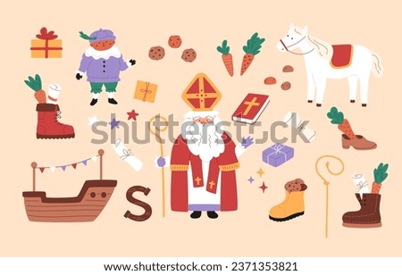 Sinterklaas holiday elements. Saint Nicholas, cute horse, little piet, ship, cookies and carrots in shoes, gift boxes, paper roll. Chocolate letter and decorative stars. Vector illustration. Royalty-Free Stock Photo #2371353821