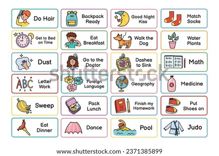 Kids daily routine chores collection. Responsibilities list for the chore chart. Morning and evening tasks set. Vector illustration Royalty-Free Stock Photo #2371385899