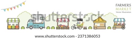 Vector illustration of shops lined up at a lively farmers market Royalty-Free Stock Photo #2371386053
