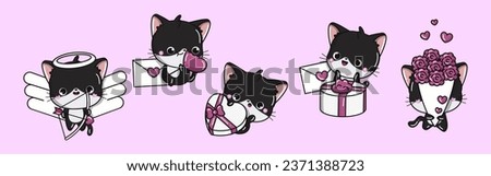 Set of Kawaii Cat Illustrations. Collection of Cute Vector Isolated Kitty Illustrations. Cute Vector Animals in Love 