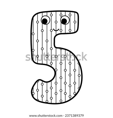 Cute number five character for kids in outline. Leaning numbers for preschool. Doodle number 5 in black and white. Vector illustration
