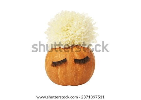 PNG, Pumpkin with eyelashes and white flowers, isolated on white background