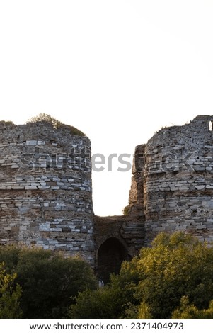 Ruins of Yoros Castle s a historical building located in the Beykoz district of Istanbul. The building, which has Byzantine architecture, was also used by the Genoese. Vertical photo. No people. 