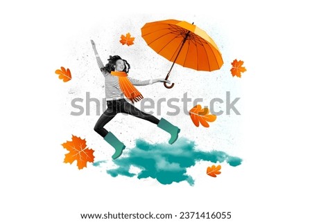 Composite creative photo abstract collage of beautiful woman dancing on cloud with umbrella in hand isolated on white color background