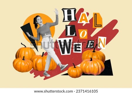 Composite creative photo collage of positive excited girl dancing near pumpkin at helloween party isolated on yellow color background