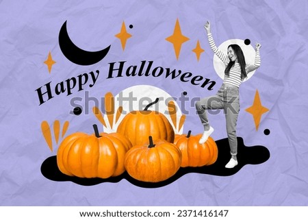 Composite creative photo collage of satisfied ecstatic girl stand near pumpkin halloween decoration isolated on painted background