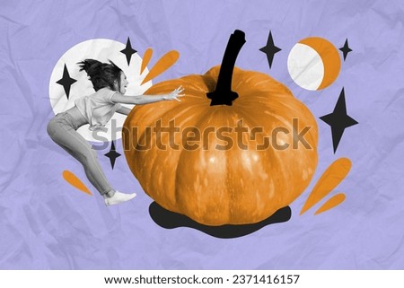 Artwork collage picture of excited mini black white colors girl jump arms touch huge pumpkin isolated on paper violet background