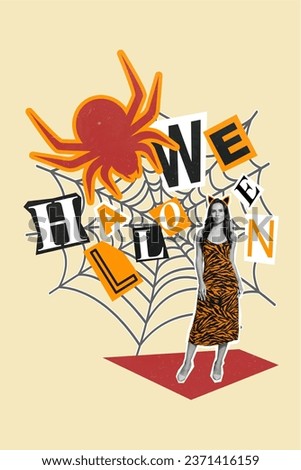 Vertical collage of elegant mini black white colors girl wear dress big spider web halloween poster isolated on beige background