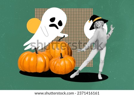 Creative collage picture of cheerful funky black white colors girl enchant hat dancing flying ghost pumpkins isolated on green background