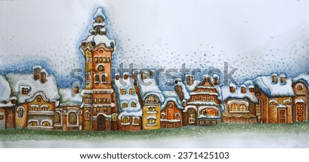 A beautiful picture of a fabulous winter city. Christmas festive mood. Preparation for making decorations for a winter puppet show. Christmas holiday.