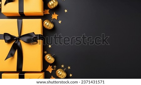 a black and gold christmas background with presents, digital art, shutterstock, digital art, pumpkins, 4 k vertical wallpaper, shot from above, yellow colours