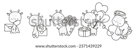 Set of Kawaii Giraffe Coloring Page Illustrations. Collection of Cute Vector Isolated Animal Outline Illustrations. Cute Vector Animals in Love for Coloring Book 