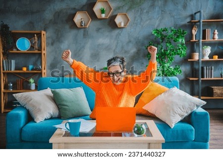 Photo of smiling lucky elderly lady wear orange pullover winning game modern device indoors apartment room