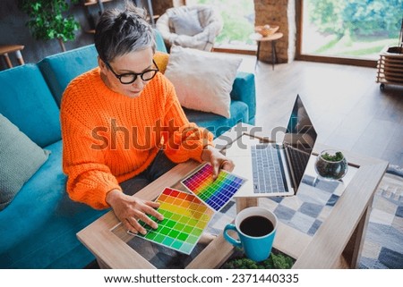 Photo of happy creative elderly lady wear orange pullover choosing colors palette modern device indoors apartment room