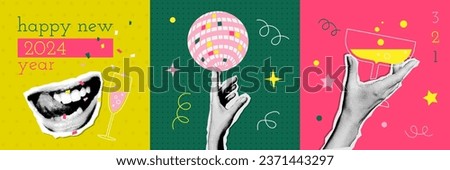 Happy new year cards set in vintage collage style. Paper halftone female hand with glass of champagne at celebration party, palm holding disco ball, smiling mouth. Retro vector pop art design