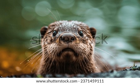 This close-up image of an otter's face captures the animal's curious and friendly expression. Its eyes are wide open and its mouth is slightly agape.