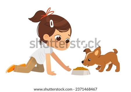 Cute school girl feeding pet puppy. Girl playing with dog. Funny cartoon character. Caring for animals. Vector illustration. Isolated on white background