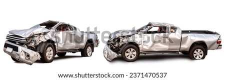 Set of side view of gray or bronze pickup car get damaged by accident on the road. damaged cars after collision. isolated on white background with clipping path Royalty-Free Stock Photo #2371470537
