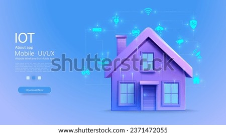 Smart home technology conceptual banner, Internet of Things Concept. Automation and data exchange in manufacturing technologies. Cybersecurity of the Internet of Things of a country house. Vector Royalty-Free Stock Photo #2371472055