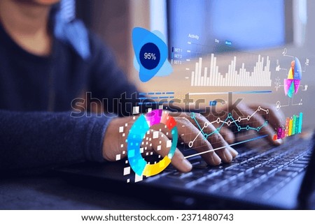 Business data visualization dashboard analytic on laptop screen business data scientist with ai analysis and bar, donut, pie chart data summarise management digital market statistic summary analytics Royalty-Free Stock Photo #2371480743