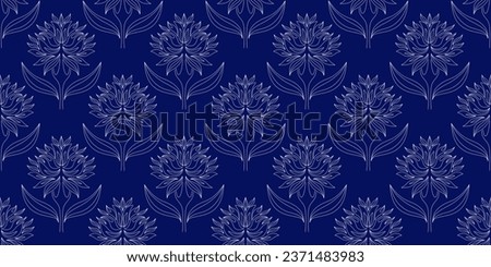 Seamless pattern of abstract white flowers on blue background, digital illustration. For wallpapers, wrapping paper, fabric, textile, products packaging and labels, book flyleaves, album covers etc.