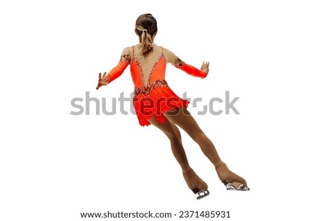 back girl figure skater in bright red dress, figure skating single isolated on white background