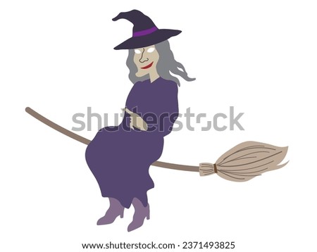 Halloween outlined vector illustration element of cute, fun and spooky flying wicked witch in purple costume on a  broom