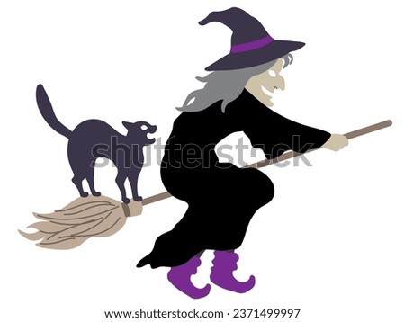 Halloween outlined vector illustration element of spooky, cute and fun flying wicked witch in black costume with a hissing cat on the broom