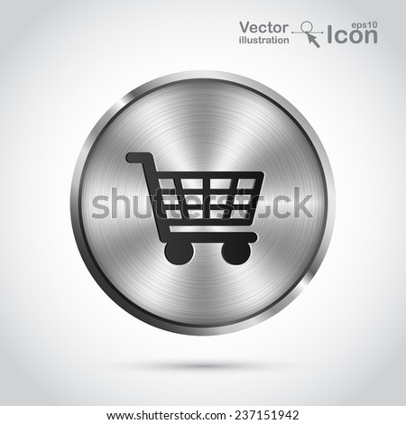 Realistic metal button - basket icon. Vector illustration. 
