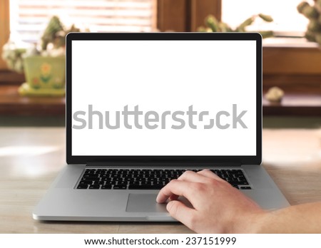 Man hand working on the laptop, photo taken with first person view