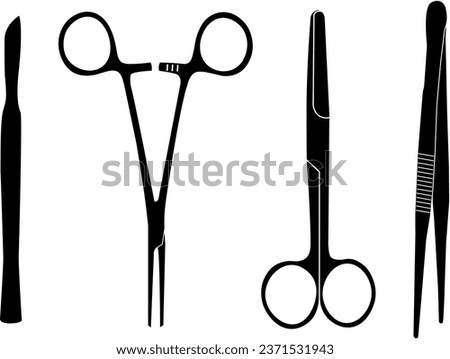Surgical instruments. Medical hemostatic clamp, scissors, tweezer, needle holder, scalpel. Surgical, medical tools. Medical instruments. Icons. Isolated on white background. Vector illustration.