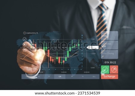 Businessman or trader holds a digital pen, touching a growing virtual hologram stock on a smartphone. Stock market concept for business growth and success. Invest in trading with planning and strategy
