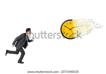 The Time running out. Businessman running towards dissolving clock isolated on white background
