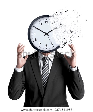 The Time running out. Praying Businessman with dissolving clock instead of the head isolated on white background