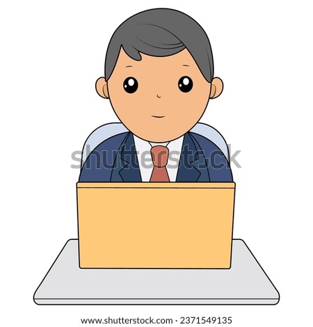 A man sits at a table with a laptop. Vector illustration
