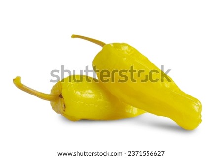 Two pickled yellow peppers, pepperoncini or friggitelli isolated on white background. Hot pepper marinated, brined. Traditional Italian and greek cuisine, ingredient for salad, pasta, sauce. Royalty-Free Stock Photo #2371556627