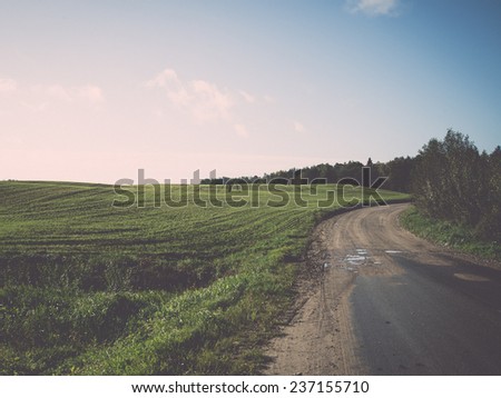 beautiful freshly cultivated green crop field in the countryside - retro, vintage style look