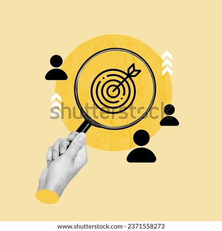HRM, Human Resources Management, Magnifying glass focus for manager business icon, finding staff for leadership, human development recruiting, client target group, hand with magnifying glass, finding