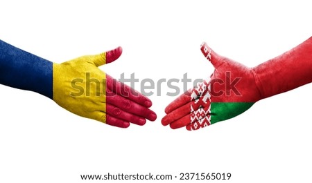 Handshake between Belarus and Chad flags painted on hands, isolated transparent image.