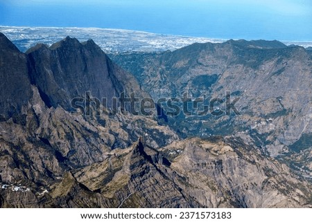 Aerial view of the mountain ranges in Reunion Island.