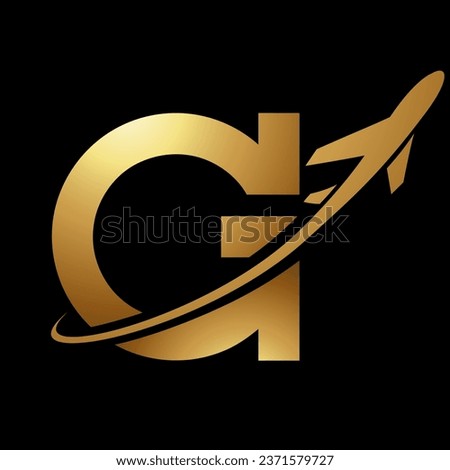 Glossy Gold Antique Letter G Icon with an Airplane on a Black Background
