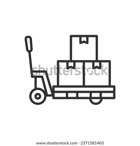 Hand pallet jack, linear icon. A forklift with boxes. Logistic equipment. Line with editable stroke Royalty-Free Stock Photo #2371581403