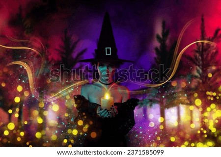 Picture creative collage of witch lady doing voodoo fairy spell use candle light in magic fog haunted woods
